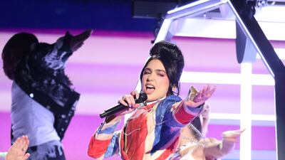 Singer Dua Lipa performs in British-themed custom Vivienne Westwood. Reuters