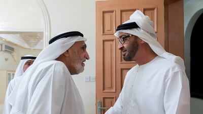 President Sheikh Mohamed, in his capacity as Crown Prince of Abu Dhabi, is pictured visiting Khalfan Al Rumaithi at his home in Abu Dhabi in 2019. Photo: Wam