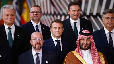 European Council President Charles Michel, second from left, French President Emmanuel Macron, centre, and Saudi Crown Prince Mohammed bin Salman at the EU-GCC summit in Brussel. Reuters