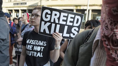 Political activists gather for the ninth week in a row outside of the Whitney Museum to demand that the museum's board dismiss Warren Kanders, a wealthy businessman who has made a fortune selling tear gear to the NYPD and the Israeli army. Getty