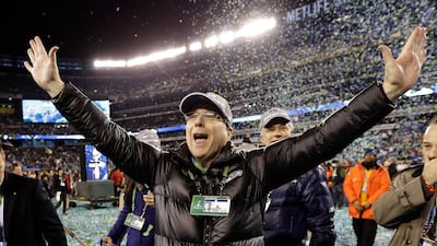 Paul Allen celebrates after his Seattle Seahawks team won the 2014 Superbowl. AP