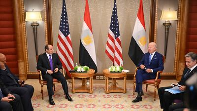 US President Joe Biden and Secretary of State Antony Blinken meet Egyptian President Abdel Fattah El Sisi, Foreign Minister Sameh Shoukry and other officials during a bilateral meeting at a hotel in Saudi Arabia's Red Sea coastal city of Jeddah before the GCC+3 meeting. AFP