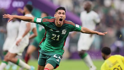Mexico's Uriel Antuna celebrates after he thought he had scored, but it was ruled out for offside. AFP