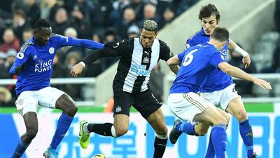 Joelinton under pressure during Newcastle's Premier League match Leicester City at St James' Park in January. Getty Images