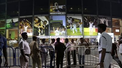 Indian policemen stand guard outside the Eden Gardens stadium, the venue for ICC World Twenty20 2016 cricket tournament in Kolkata, India, Thursday, March 10, 2016. The Eden Gardens in Kolkata has replaced Dharamsala as the venue for the high-profile World Twenty20 game between India and Pakistan on March 19 because of security concerns. (AP Photo/ Bikas Das)