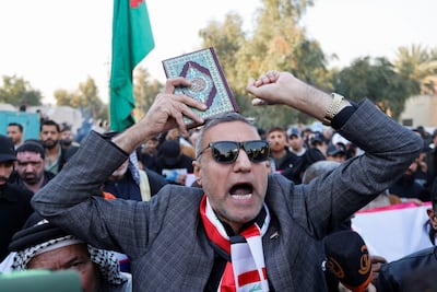 Iraqi protesters in Baghdad after Rasmus Paludan, leader of the Danish far-right political party Hard Line, burnt a copy of the Quran outside the Turkish embassy in Stockholm, Sweden, in January. Reuters