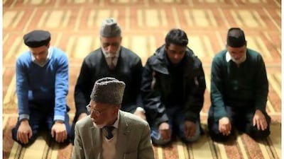 Daoud Hanif, the vice president of the Ahmadiyya community, leads prayers at the Bait-uz-Zafar mosque in New York City.