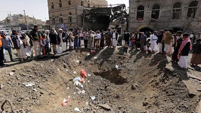 As services are restored to the southern city of Aden, fighting continues in the Yemeni capital Sanaa, where the Houthis remain in control. Saudi Arabia-led coalition air strikes allegedly left this crater in the city in the early hours of Saturday morning, while also killing 19 Houthis. Yahya Arhab/EPA