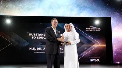 Dr Abdulla Al Karam wins outstanding contribution to education in the UAE at the Top School Awards 2019 at the Rajmahal Theatre, Dubai.