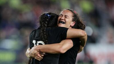 New Zealand's Ruahei Demant and Portia Woodman celebrate after their semi-final match against France. Reuters