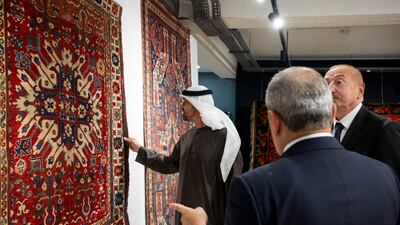 President Sheikh Mohamed and Ilham Aliyev, President of Azerbaijan, centre, visit the National Carpet Museum in Shusha during an official visit to Azerbaijan. Abdulla Al Bedwawi / UAE Presidential Court