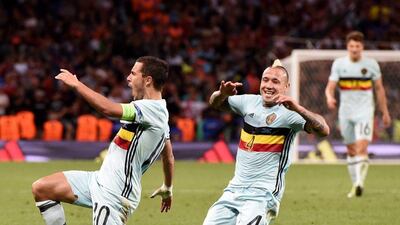 Eden Hazard of Belgium celebrates scoring in their Euro 2016 round of 16 win over Hungary on Sunday. Vassil Donev / EPA / June 26, 2016