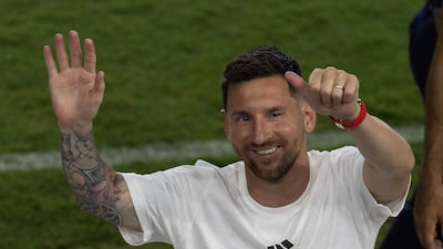 Lionel Messi during his unveiling as an Inter Miami player at the DRV PNK Stadium in Florida. AFP