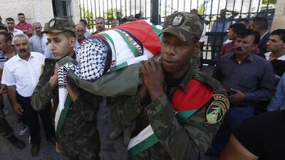 Members of Palestine’s security force carry the body of Mahmoud Tarayra, one of the two policemen killed during a shoot-out with wanted Palestinians in Nablus. Alaa Badarneh / EPA