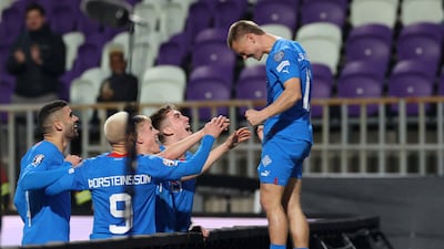 Albert Gudmundsson celebrates scoring Iceland's fourth goal and completing his hat-trick in the 4-1 win over Israel in the Euro 2024 play-off match at Szusza Ferenc Stadion in Budapest, Hungary on March 21, 2024. Reuters
