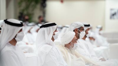 Sheikh Saif bin Zayed, second from left, and Sheikh Abdallah bin Bayyah, third from left, at the lecture