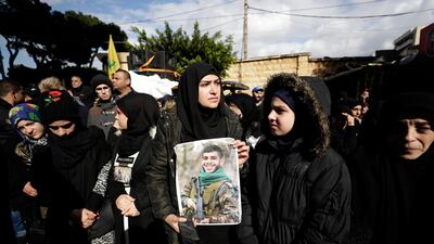 Mourners attend the funeral of five Hezbollah fighters who were killed in Syria's northwestern Idlib region, in the southern suburb of Beirut, Lebanon. AP Photo