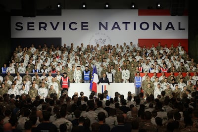 France's President Emmanuel Macron unveils a new national military service in Varces in the French Alps. AP