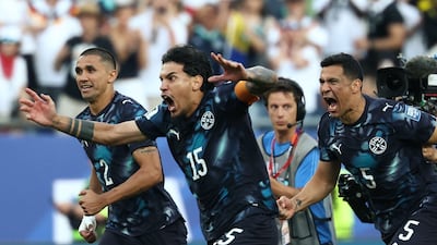 Paraguay's players celebrate after winning the penalty shootout against Germany in Foxborough. AFP