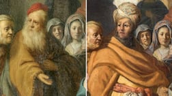 A side-by-side detail shows the central figure before and after restoration, with a Dutch cap removed to reveal a turban beneath. Photo: Sotheby’s