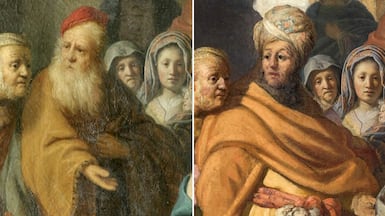 A side-by-side detail shows the central figure before and after restoration, with a Dutch cap removed to reveal a turban beneath. Photo: Sotheby’s