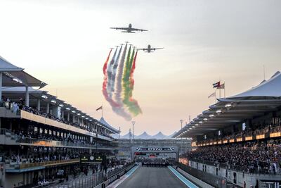 Etihad Airways Fly Past & Aerobatic Display by Al Fursan during the UAE national anthem at the 2019 Abu Dhabi Grand Prix. Victor Besa / The National