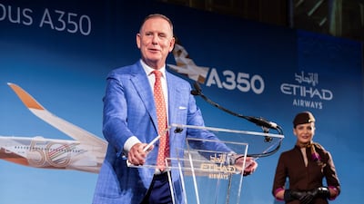 Tony Douglas, group chief executive of Etihad Airways, announces the expanded services at an event in New York. Photo: Etihad