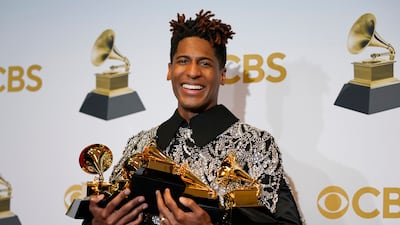 Jon Batiste, winner of the awards for best American roots performance for 'Cry,' best American roots song for 'Cry,' best music video for 'Freedom,' best score soundtrack for visual media for 'Soul,' and album of the year for 'We Are'. AP