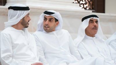 Sheikh Abdullah bin Zayed, UAE Minister of Foreign Affairs and International Cooperation, left, and Sheikh Khaled bin Zayed, Chairman of the Board of Zayed Higher Organization for Humanitarian Care and Special Needs, second left, attend an iftar reception at Al Bateen Palace.