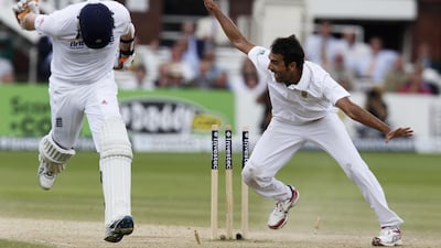South Africa's Imran Tahir celebrates running out Graeme Swann on the way to their victory.