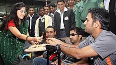 The India team are welcomed as they arrive in Dhaka yesterday ahead of the Tri-Nation tournament.