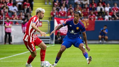 Leny Yoro, right, during Manchester United's pre-season friendly win over Atletico Madrid in Sweden. Getty Images