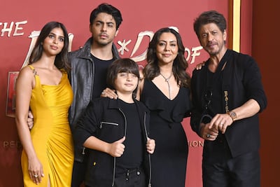 The show's writer and director Aryan Khan, second left, with his Bollywood star father Shah Rukh Khan, mother and producer Gauri Khan, and siblings Abram and Suhana. AFP