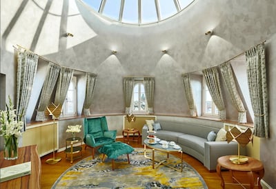 Contemporary interiors at the Tower Suite living room at Mandarin Oriental Munich.