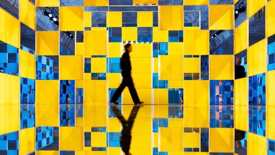 Installations by French artist Daniel Buren at an exhibition entitled Aux Beaux Carres, at the department store Le Bon Marche in Paris. AFP