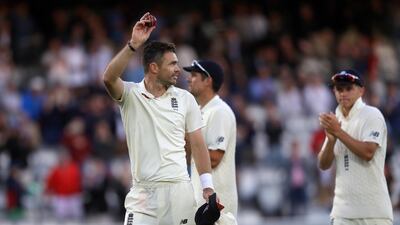 James Anderson celebrates his five wickets against India. AP Photo