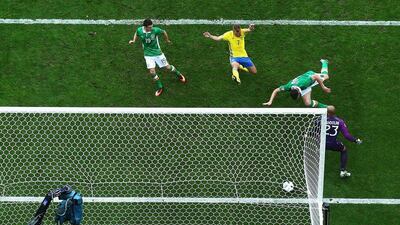 Ciaran Clark (2nd R) of Republic of Ireland heads the ball to score the own goal during the Uefa Euro 2016 Group E match between Republic of Ireland and Sweden at Stade de France on June 13, 2016 in Paris, France. (Mike Hewitt/Getty Images)