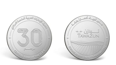 The Central Bank of the UAE on Tuesday said it issued 1000 silver commemorative coins to mark the 30th anniversary of the Tawazun Economic Council. Photo: Central Bank of the UAE