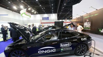 Electric cars displayed at the Inter solar Middle East conference in Dubai. There are about 200 hybrid taxis on Dubai’s roads. The first hybrids hit UAE roads three years ago. Satish Kumar / The National