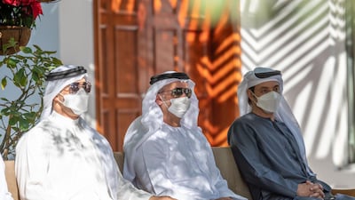 Sheikh Saif bin Zayed, Deputy Prime Minister and Minister of Interior, and Sheikh Mansour bin Zayed, Deputy Prime Minister and Minister of Presidential Affairs, attend a meeting in Dubai on Monday. Courtesy: Sheikh Mohamed bin Zayed Twitter