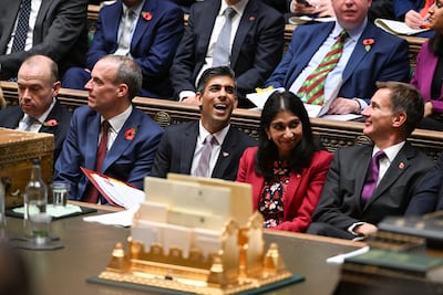 Deputy Prime Minister Dominic Raab, Prime Minister Rishi Sunak, Home Secretary Suella Braverman and Chancellor of the Exchequer Jeremy Hunt attend Prime Minister's Questions. PA
