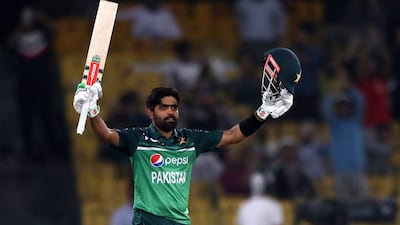 Pakistan's Babar Azam celebrates 100 runs during the third and final One Day International (ODI) cricket match between Pakistan and Australia at the Gaddafi Cricket Stadium in Lahore, Pakistan, 02 April 2022. EPA / RAHAT DAR