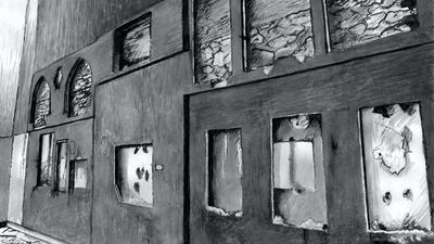 Mosul Museum Interiors. He used this ink to make a series of drawings based on photographs taken inside the Mosul Museum, bringing burned remnants of the artefacts and the building back to life as new works of art. Courtesy Ashmolean, University of Oxford