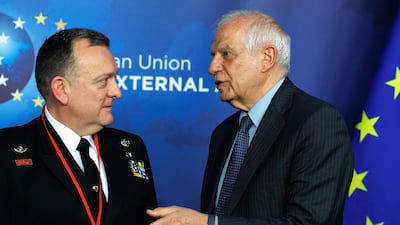 Operation Commander Rear Admiral Vasileios Gryparis, left, in Brussels with the EU's foreign policy chief Josep Borrell. EPA