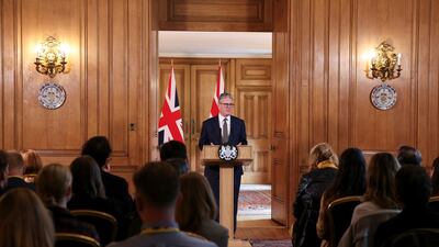 British Prime Minister Keir Starmer delivers a speech after his first cabinet meeting as Prime Minister. AP