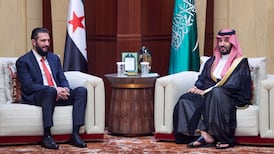 Saudi Crown Prince Mohammed bin Salman with Syrian President Ahmad Al Shara in Riyadh. Photo: Sana