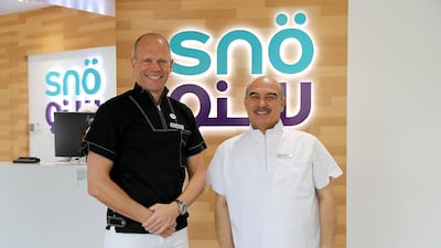 From left, Dr Per Rehnberg, chief executive of Snö Dental Clinics, and dentist Dr Nasser Fouda, say dentists can often view their practice as a business rather than as providing healthcare. Pawan Singh / The National