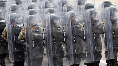 Members of the Lebanese security forces take part in a military parade in Beirut. Anwar Amro / AFP Photo