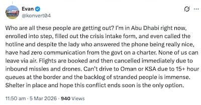 This post was published on X on March 8, 2026, complaining about a lack of options available for people to depart the Middle East.