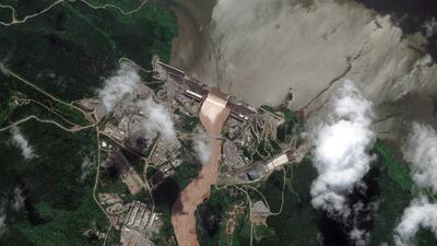 A satellite image shows the Grand Ethiopian Renaissance Dam on the Blue Nile river in July, 2020. Maxar Technologies via AP